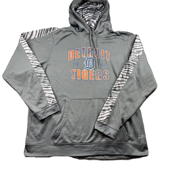 Detroit Tigers MLB Zubaz Hoodie Sweatshirt Zebra Men Women Unisex Grey 2XL G253 - Picture 1 of 9